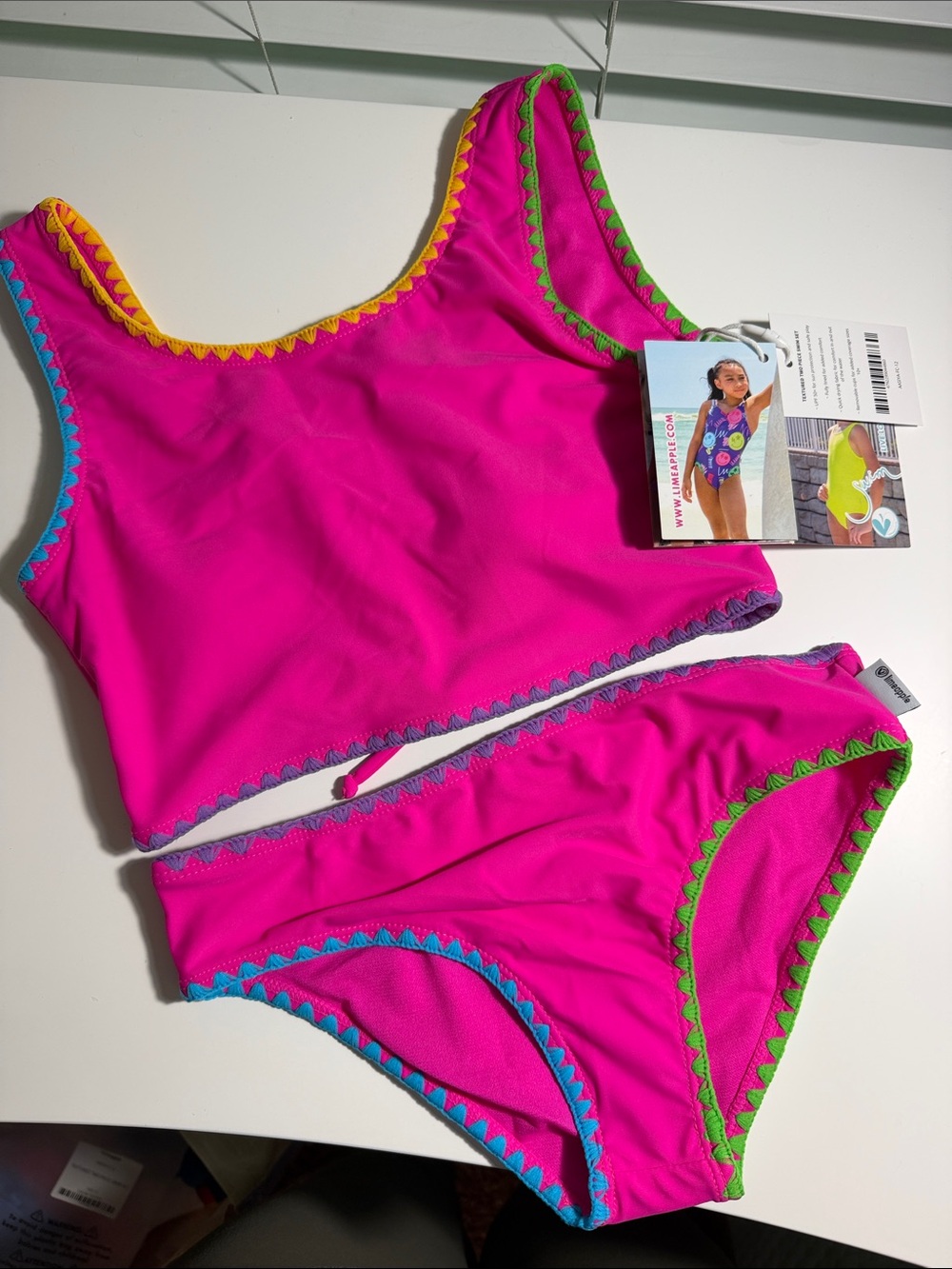 Limeapple Hot Pink Girls' Two-Piece Swim Set with Multicolor Trim